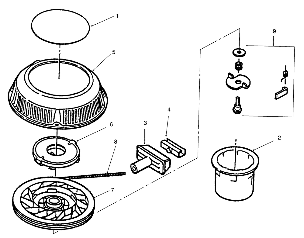 Starter Assembly Diagram and Parts List for 11001B (6900001 - 6999999)(1996) Lawn Boy Lawn Mower